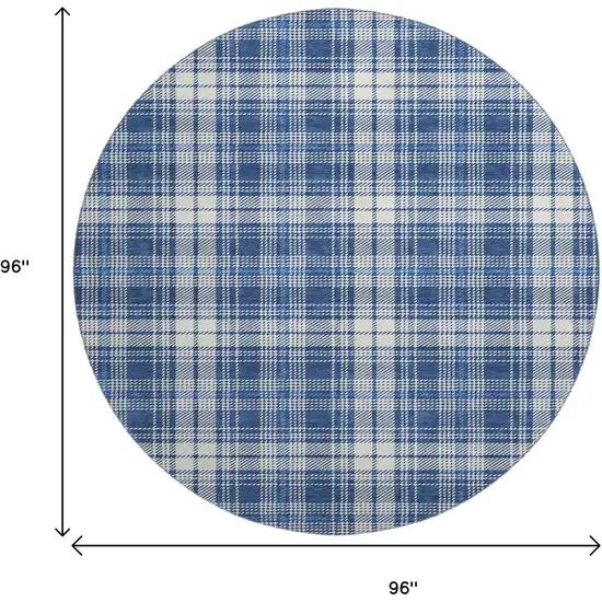 8' Navy Blue And Ivory Plaid Washable Round Rug With UV Protection Photo 9