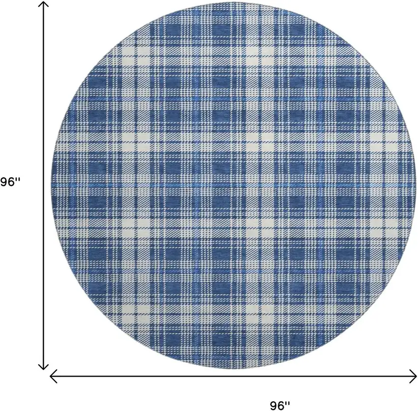 8' Navy Blue And Ivory Plaid Washable Round Rug With UV Protection Photo 9