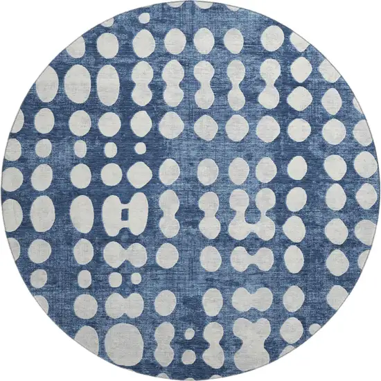 8' Navy Blue And Ivory Polka Dot Washable Round Rug With UV Protection Photo 1