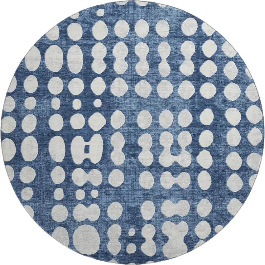 8' Navy Blue And Ivory Polka Dot Washable Round Rug With UV Protection Photo 1
