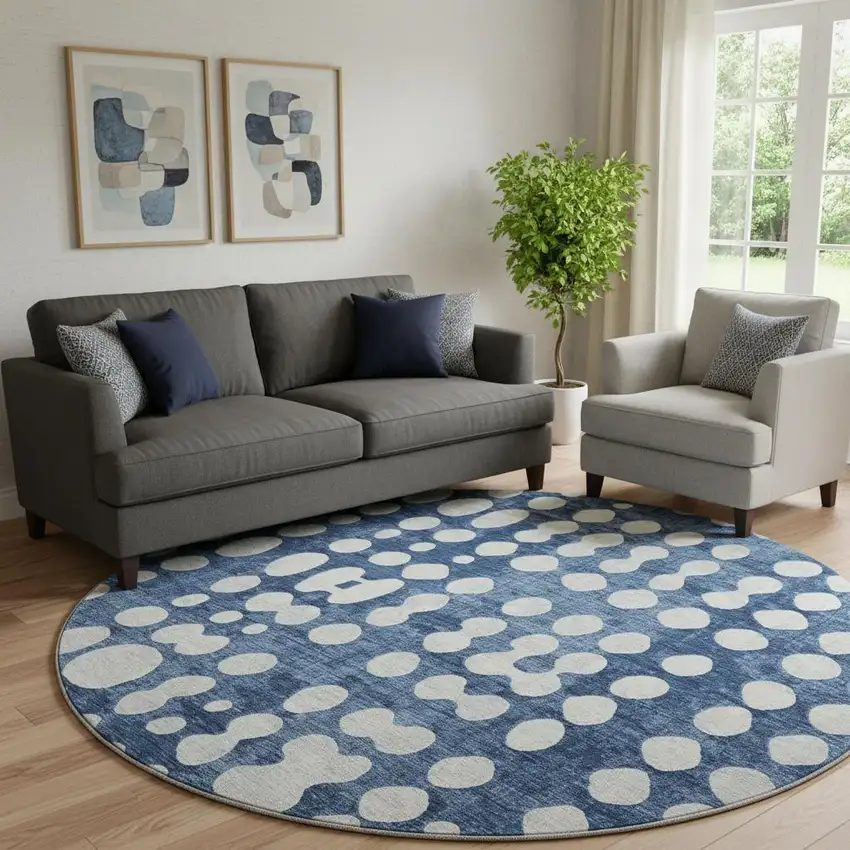 8' Navy Blue And Ivory Polka Dot Washable Round Rug With UV Protection Photo 1