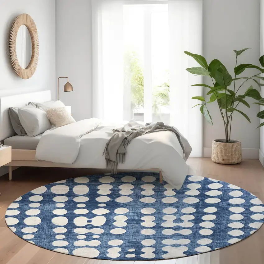 8' Navy Blue And Ivory Polka Dot Washable Round Rug With UV Protection Photo 5