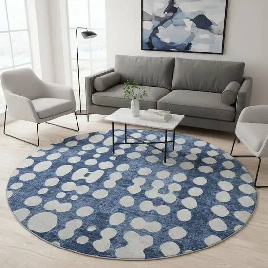 8' Navy Blue And Ivory Polka Dot Washable Round Rug With UV Protection Photo 2