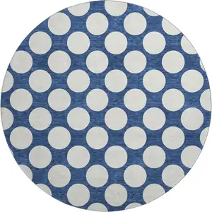 Photo of 8' Navy Blue And Ivory Polka Dot Washable Round Rug With UV Protection
