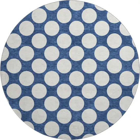 8' Navy Blue And Ivory Polka Dot Washable Round Rug With UV Protection Photo 1