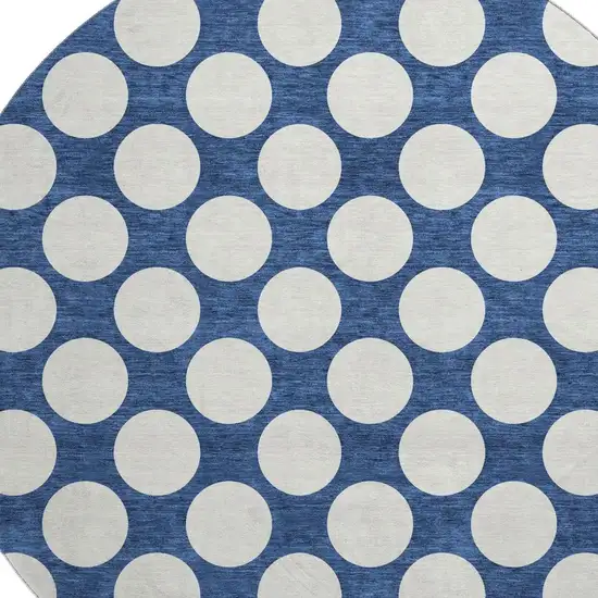 8' Navy Blue And Ivory Polka Dot Washable Round Rug With UV Protection Photo 3