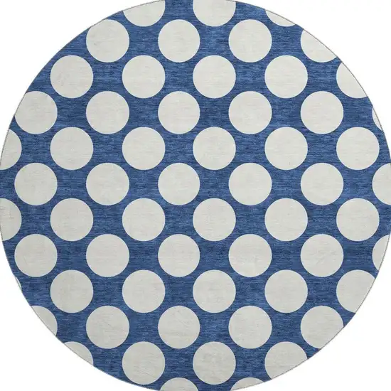 8' Navy Blue And Ivory Polka Dot Washable Round Rug With UV Protection Photo 4