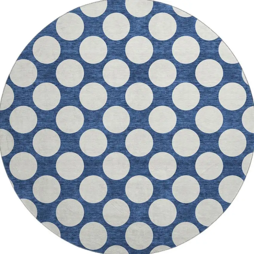 8' Navy Blue And Ivory Polka Dot Washable Round Rug With UV Protection Photo 4