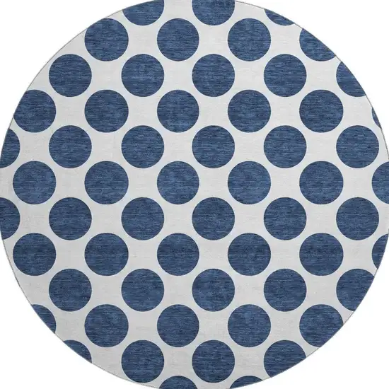 8' Navy Blue And Ivory Polka Dot Washable Round Rug With UV Protection Photo 3