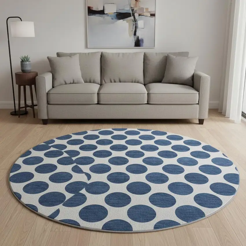 8' Navy Blue And Ivory Polka Dot Washable Round Rug With UV Protection Photo 2