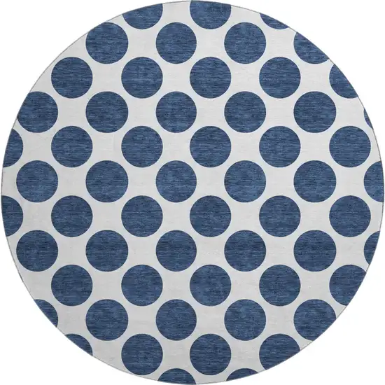 8' Navy Blue And Ivory Polka Dot Washable Round Rug With UV Protection Photo 1
