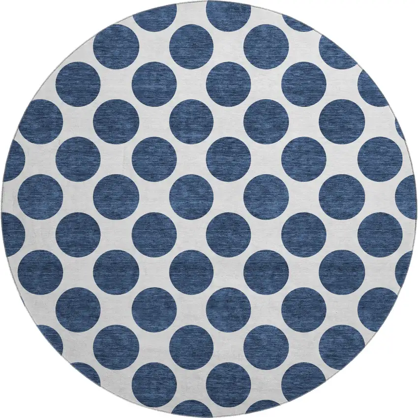 8' Navy Blue And Ivory Polka Dot Washable Round Rug With UV Protection Photo 1