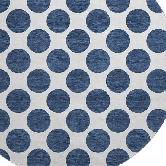 8' Navy Blue And Ivory Polka Dot Washable Round Rug With UV Protection Photo 3