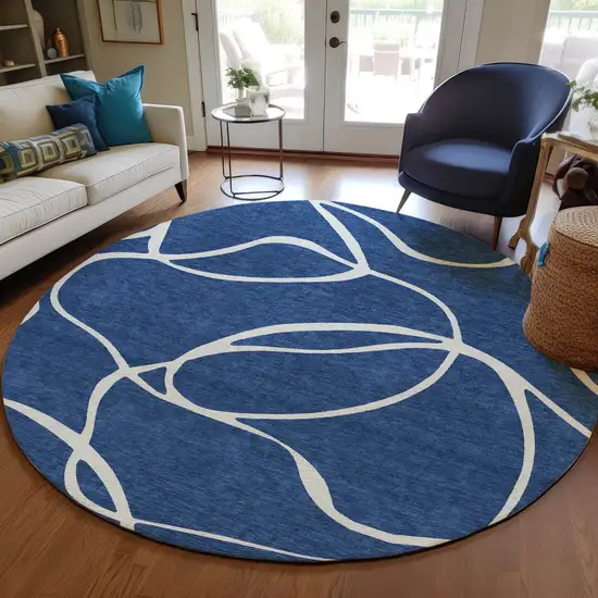 8' Navy Blue And Ivory Round Abstract Washable Indoor Outdoor Area Rug Photo 8