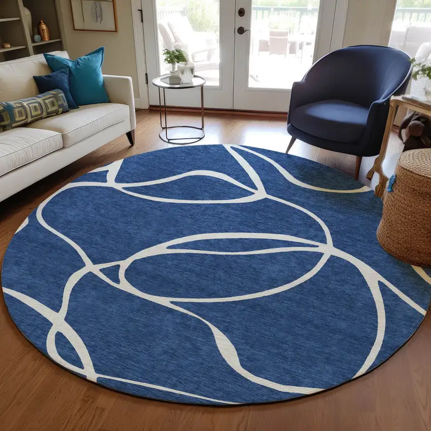 8' Navy Blue And Ivory Round Abstract Washable Indoor Outdoor Area Rug Photo 8