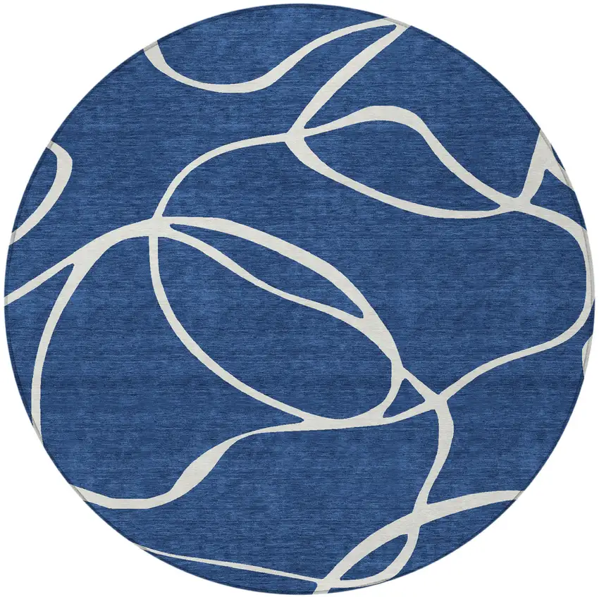 8' Navy Blue And Ivory Round Abstract Washable Indoor Outdoor Area Rug Photo 6