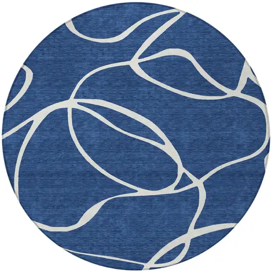 8' Navy Blue And Ivory Round Abstract Washable Indoor Outdoor Area Rug Photo 6