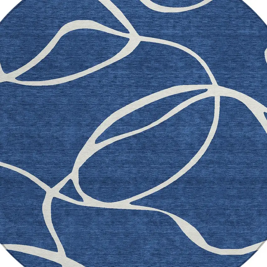 8' Navy Blue And Ivory Round Abstract Washable Indoor Outdoor Area Rug Photo 4