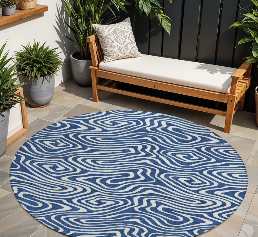8' Navy Blue And Ivory Round Abstract Washable Indoor Outdoor Area Rug Photo 1