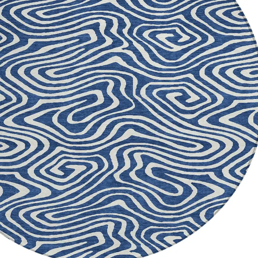 8' Navy Blue And Ivory Round Abstract Washable Indoor Outdoor Area Rug Photo 4