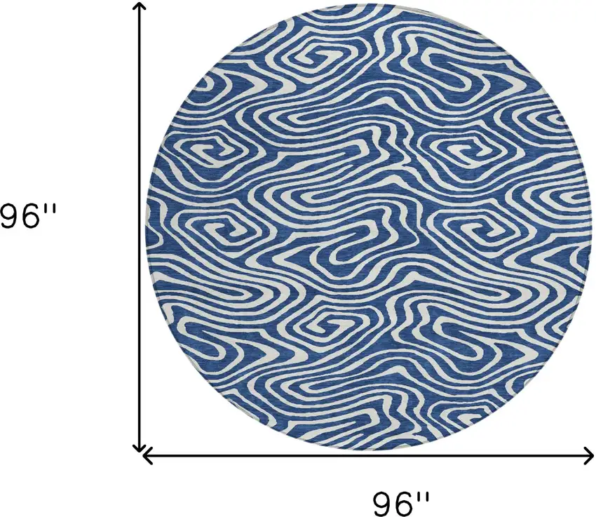 8' Navy Blue And Ivory Round Abstract Washable Indoor Outdoor Area Rug Photo 3