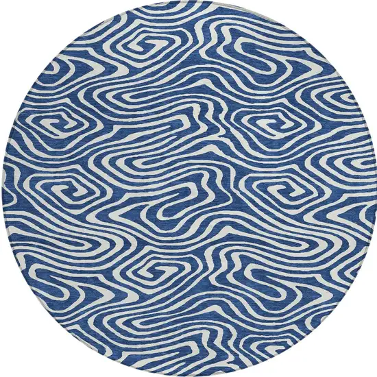 8' Navy Blue And Ivory Round Abstract Washable Indoor Outdoor Area Rug Photo 5