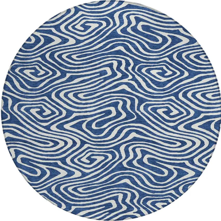 8' Navy Blue And Ivory Round Abstract Washable Indoor Outdoor Area Rug Photo 5