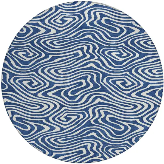 8' Navy Blue And Ivory Round Abstract Washable Indoor Outdoor Area Rug Photo 2