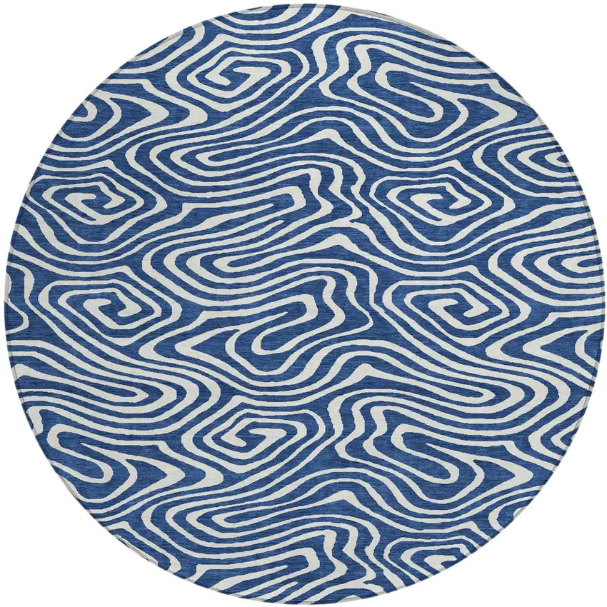 8' Navy Blue And Ivory Round Abstract Washable Indoor Outdoor Area Rug Photo 2