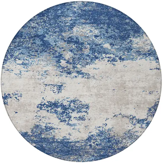 8' Navy Blue And Ivory Round Abstract Washable Indoor Outdoor Area Rug Photo 5
