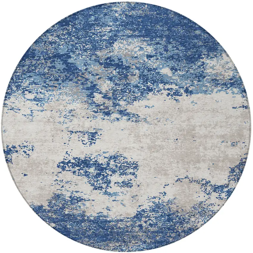 8' Navy Blue And Ivory Round Abstract Washable Indoor Outdoor Area Rug Photo 5