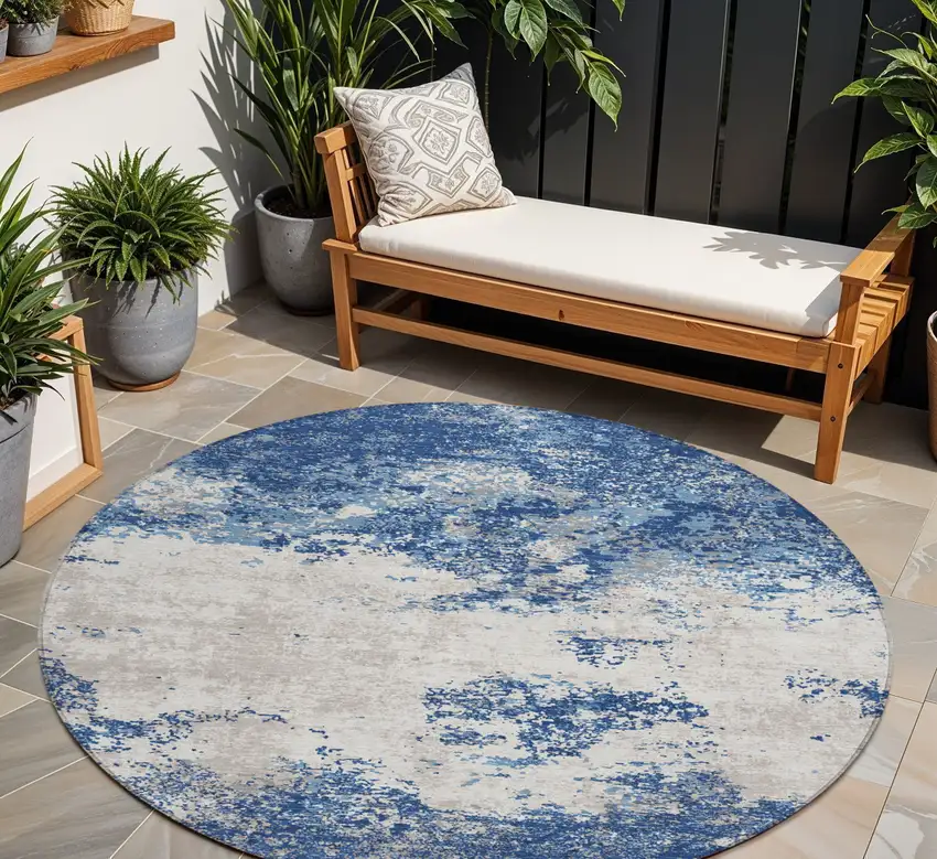 8' Navy Blue And Ivory Round Abstract Washable Indoor Outdoor Area Rug Photo 1