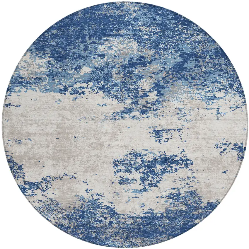 8' Navy Blue And Ivory Round Abstract Washable Indoor Outdoor Area Rug Photo 2