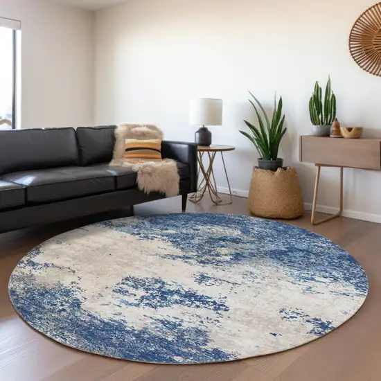 8' Navy Blue And Ivory Round Abstract Washable Indoor Outdoor Area Rug Photo 7