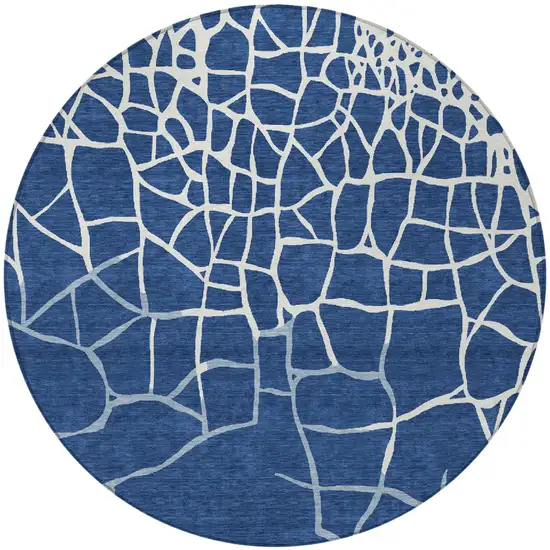 8' Navy Blue And Ivory Round Abstract Washable Indoor Outdoor Area Rug Photo 6