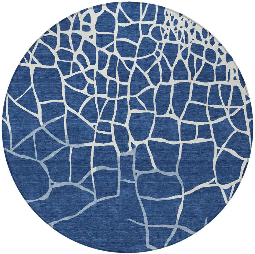 8' Navy Blue And Ivory Round Abstract Washable Indoor Outdoor Area Rug Photo 6