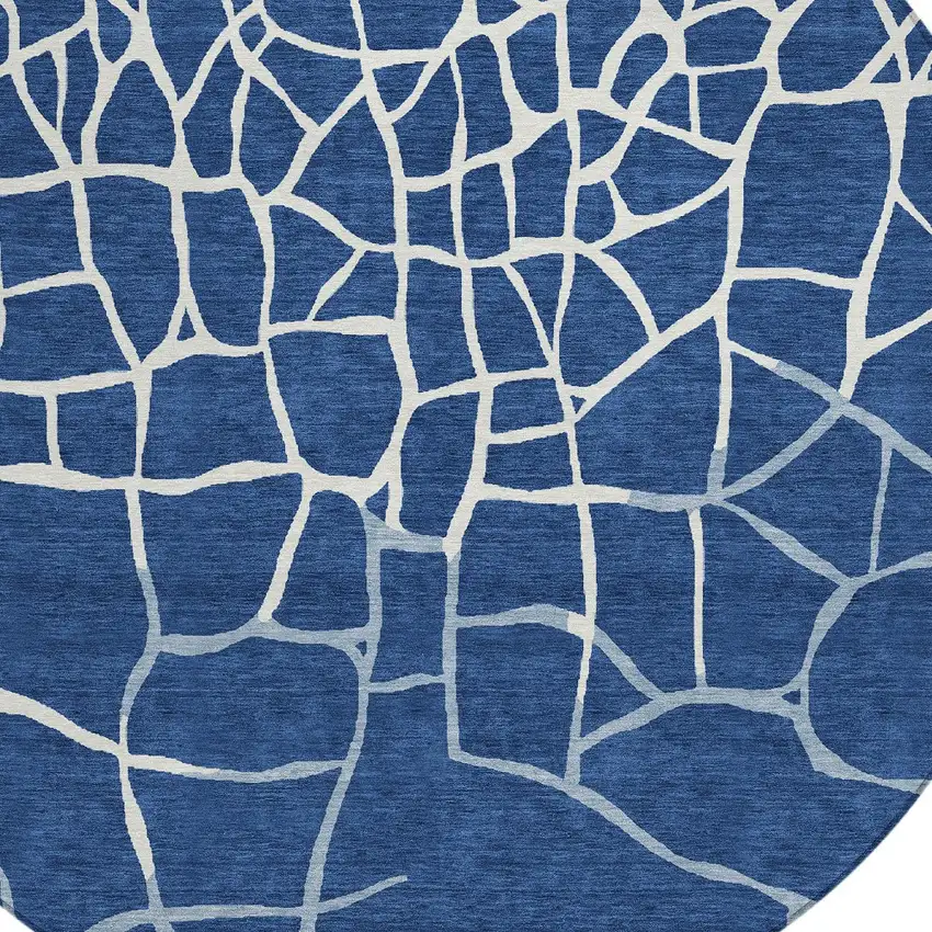 8' Navy Blue And Ivory Round Abstract Washable Indoor Outdoor Area Rug Photo 5