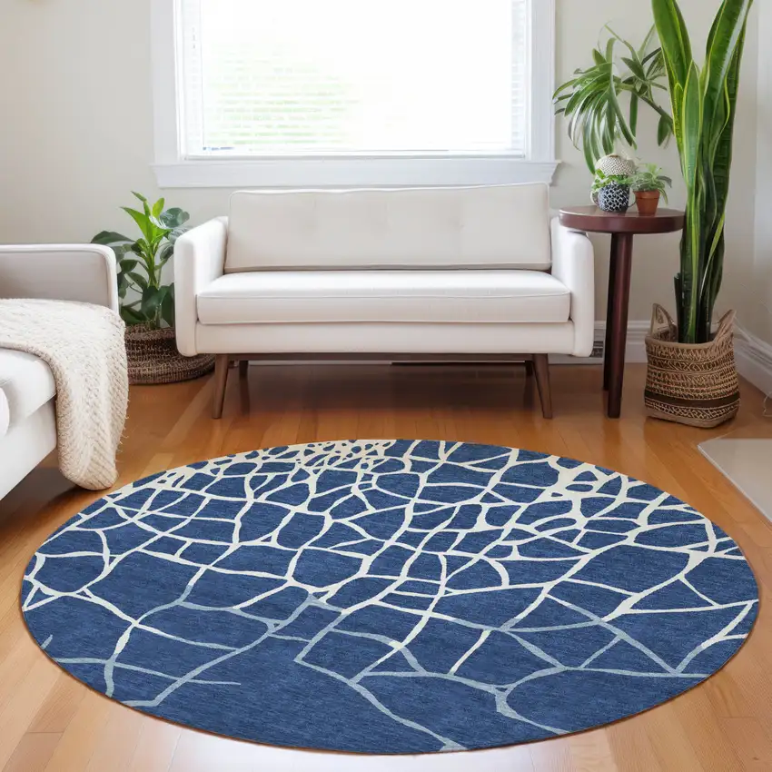 8' Navy Blue And Ivory Round Abstract Washable Indoor Outdoor Area Rug Photo 8