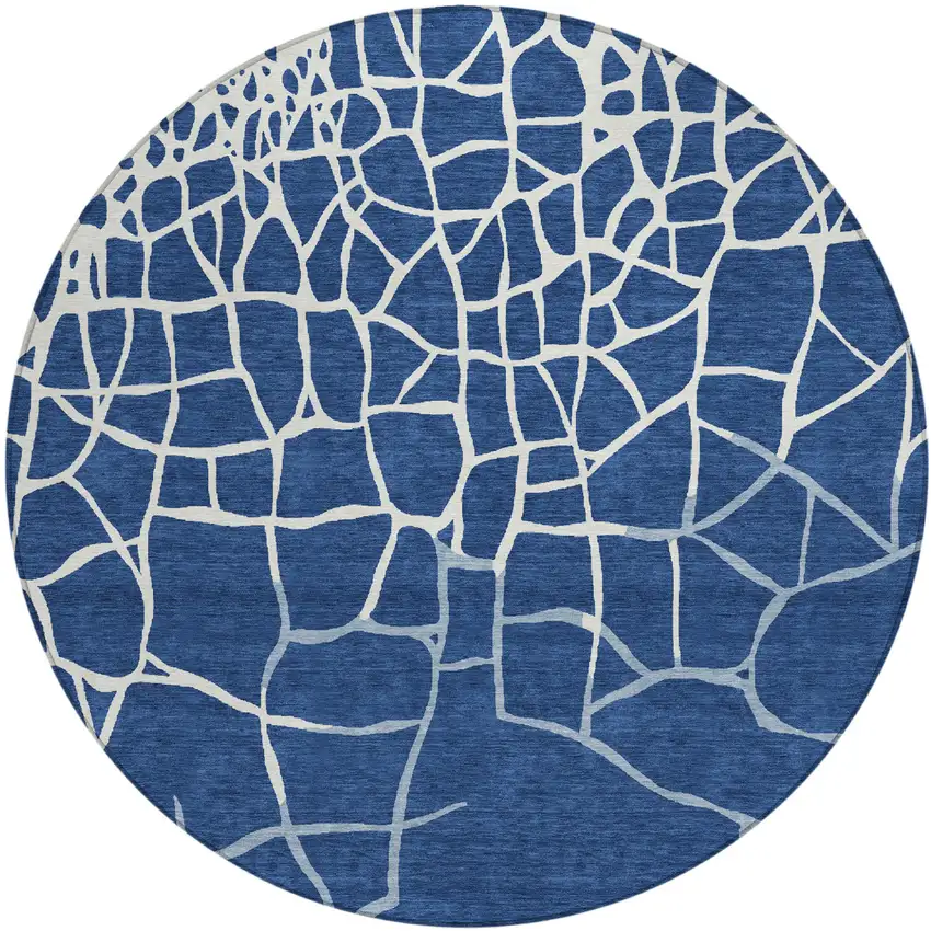 8' Navy Blue And Ivory Round Abstract Washable Indoor Outdoor Area Rug Photo 2