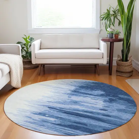8' Navy Blue And Ivory Round Abstract Washable Indoor Outdoor Area Rug Photo 8