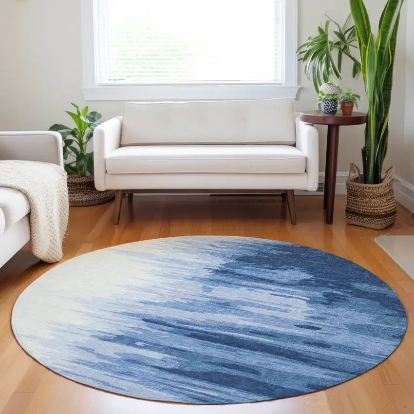 8' Navy Blue And Ivory Round Abstract Washable Indoor Outdoor Area Rug Photo 8