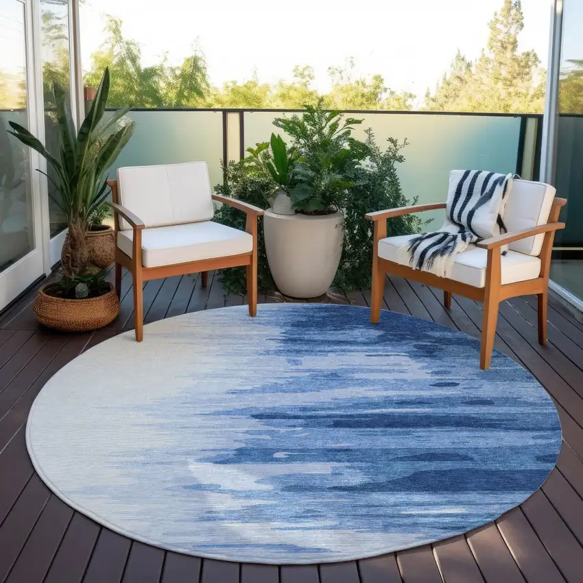 8' Navy Blue And Ivory Round Abstract Washable Indoor Outdoor Area Rug Photo 7