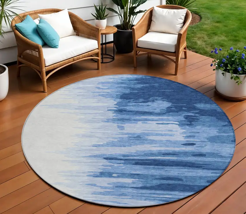 8' Navy Blue And Ivory Round Abstract Washable Indoor Outdoor Area Rug Photo 1