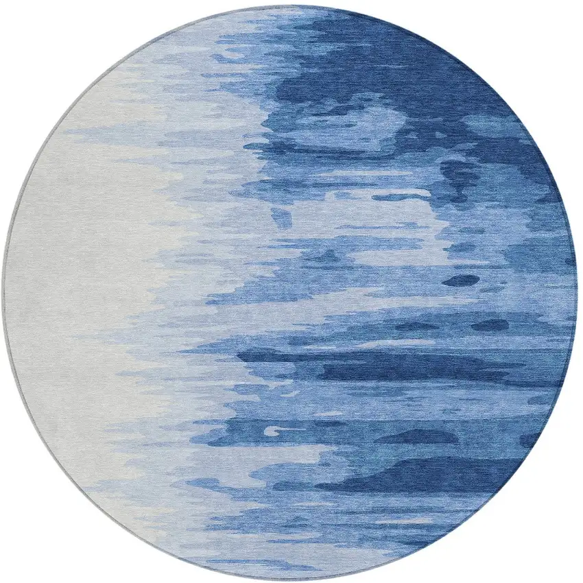 8' Navy Blue And Ivory Round Abstract Washable Indoor Outdoor Area Rug Photo 5