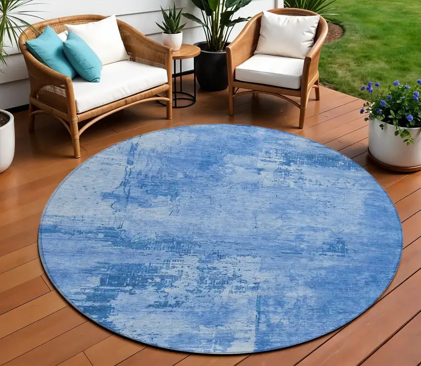 8' Navy Blue And Ivory Round Abstract Washable Indoor Outdoor Area Rug Photo 1