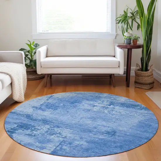 8' Navy Blue And Ivory Round Abstract Washable Indoor Outdoor Area Rug Photo 8