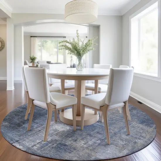 8' Navy Blue And Ivory Round Abstract Washable Indoor Outdoor Area Rug Photo 6