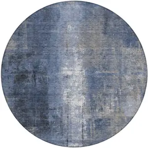Photo of 8' Navy Blue And Ivory Round Abstract Washable Indoor Outdoor Area Rug