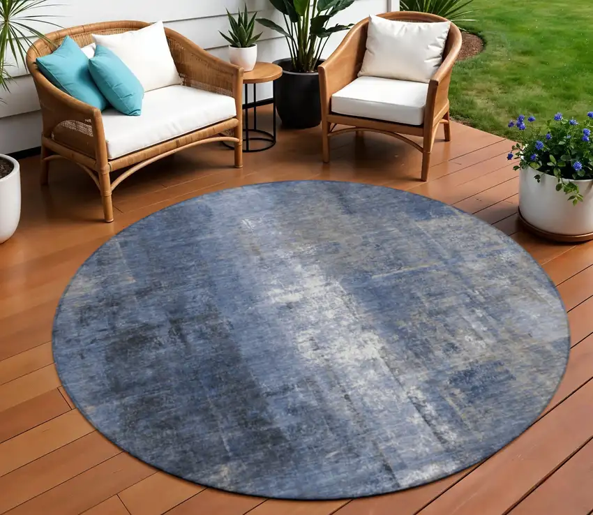 8' Navy Blue And Ivory Round Abstract Washable Indoor Outdoor Area Rug Photo 2