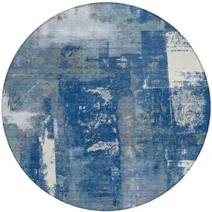 Photo of 8' Navy Blue And Ivory Round Abstract Washable Indoor Outdoor Area Rug